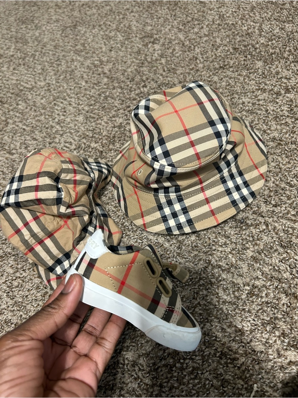 Burberry Beige Plaid Kids HATS with Red & Black Accents
